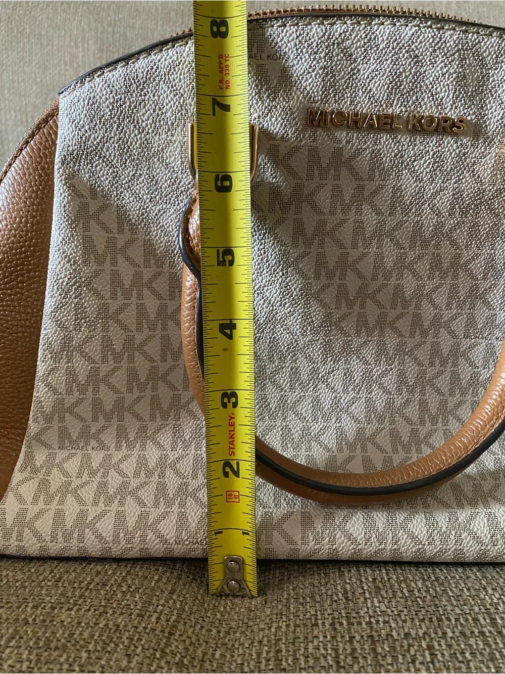 Michael Kors Signature Dome Satchel in Vanilla and Acorn Brown
